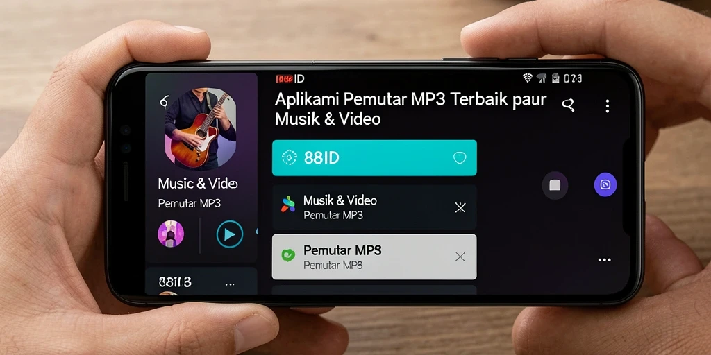 Tampilan antarmuka aplikasi Pemutar MP3 88ID dengan berbagai fitur menarik.