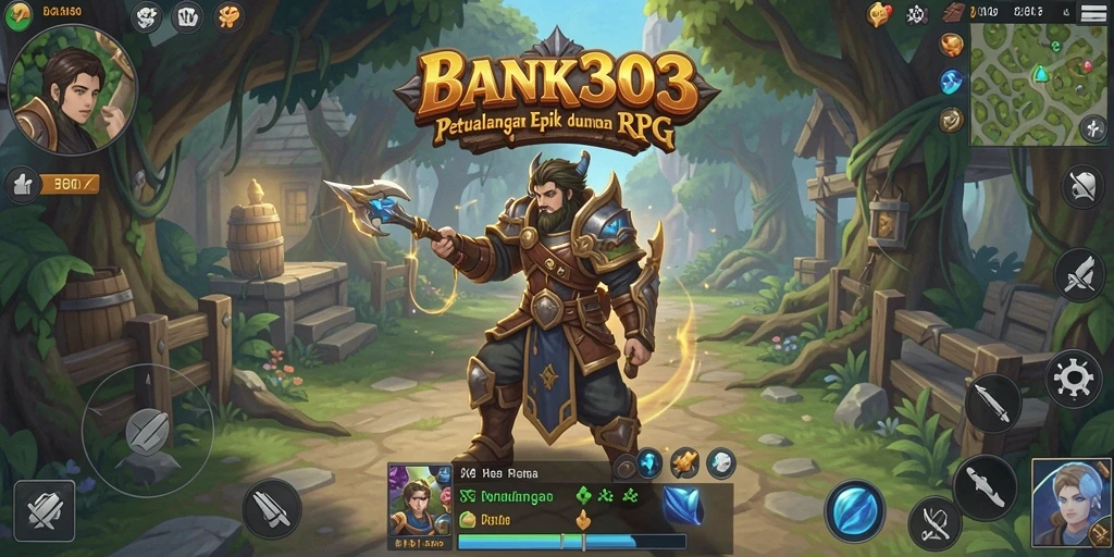 Antarmuka BANK303 menampilkan karakter RPG dalam aksi.